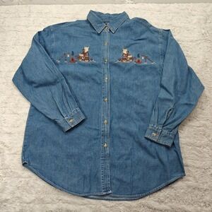 VTG 90s Chambray Button Top Womens Large Embroidered Bonfire Bear Cotton Camping